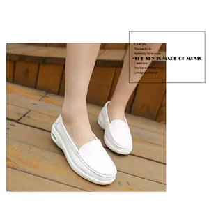 Close-up detail of comfortable white leather air cushion nurse shoes with soft sole