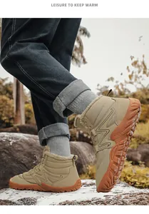 Detail of durable high-top snow boots with warm faux fur lining on snowy rocks