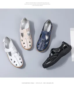 Top view of comfortable women's leather hollowed-out sandals in four classic colors