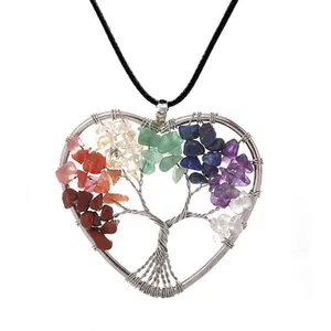 Close-up detail of heart-shaped Tree of Life pendant with colorful natural stones