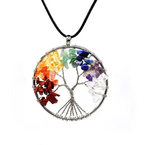 Detail of wire-wrapped Tree of Life pendant with colorful natural stones on black cord