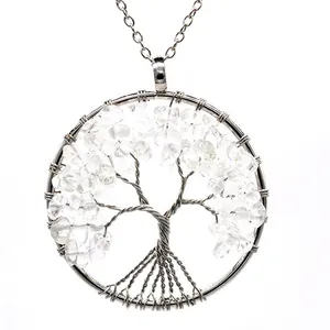 Detailed view of handmade silver wire wrapped tree of life pendant with clear crystals.