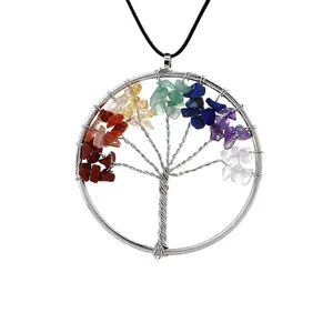 Close-up of wire-wrapped Tree of Life pendant with multicolored natural stone chips.