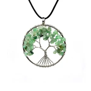 Intricate detailed view of wire-wrapped Tree of Life pendant with green natural stone chips.