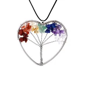Detailed view of a heart-shaped Tree of Life pendant with colorful natural crystal chips.
