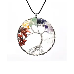 Detailed macro view of wire-wrapped Tree of Life pendant with colorful chakra stones.