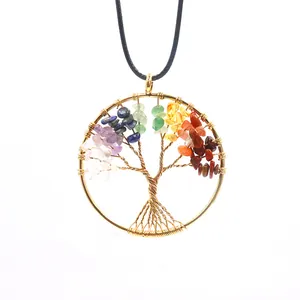 Detailed view of the handcrafted wire-wrapped Tree of Life pendant with colorful stones.