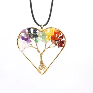 Close-up of heart-shaped Tree of Life pendant with colorful natural stones