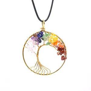 Detailed view of handmade Tree of Life necklace with colorful natural stone chips and wire wrap