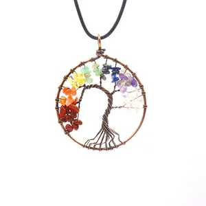 Detailed macro view of wire-wrapped Tree of Life pendant with natural chakra crystal stones