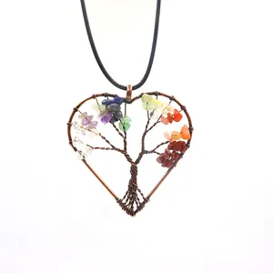 Close-up detail of a handmade wire-wrapped heart tree of life pendant with natural stones