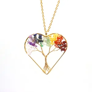 Detail of wire-wrapped Tree of Life heart pendant with colorful crushed natural stones