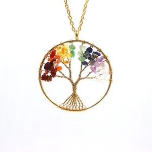 Close-up of wire-wrapped tree of life pendant with colorful natural gemstone crystals
