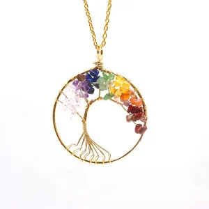 Detailed macro view of a handmade wire-wrapped tree of life pendant with chakra stones.
