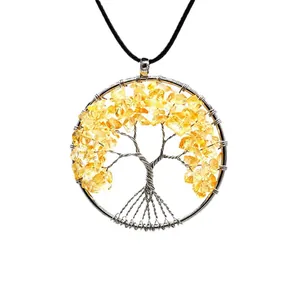 Natural crushed yellow stone Tree of Life necklace with wire wrapped silver pendant