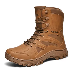 Professional tan high-top tactical hiking boot with non-slip rugged sole for outdoor trekking