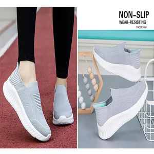 Breathable grey fly-knit slip-on sneakers with non-slip sole for men and women