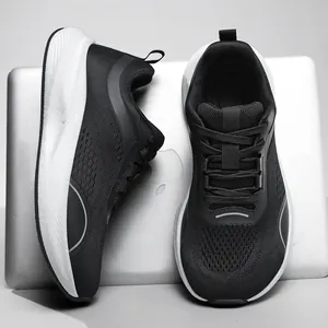 Lightweight breathable mesh women's running shoes with wide fit and white sole in black
