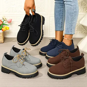 Women's Cow Leather Loafers Autumn Casual Platform Shoes Lace Up Round Toe British Style Low Heel Solid Color Lady Walking Shoes