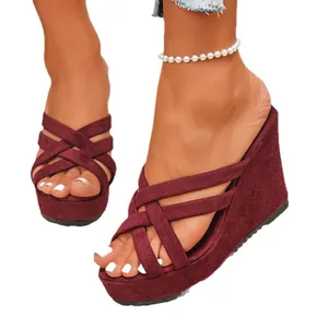 Stylish women's burgundy crisscross strap wedge platform sandals for summer casual wear