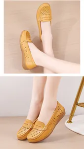 Detailansicht gelber Leder-Loafer mit Laserschnitt und weichen, flexiblen Sohlen für Komfort