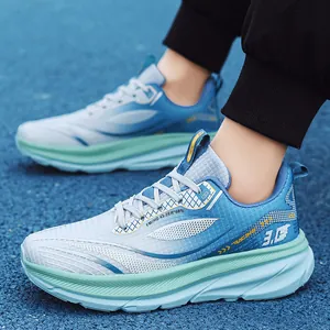Blue lightweight breathable fly-knit mesh running shoes for men with athletic soles.