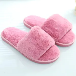 Unisex Winter Warm Faux Fur Slippers Single Strap Open Toe Home Fuzzy Slippers Non-Slip Indoor Plush Slippers Plus Size House Shoes