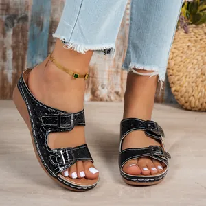 Stylish black crocodile print wedge sandals with double buckle straps for women