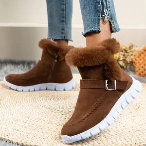 Brown suede winter snow boots with warm faux fur trim and buckle detail