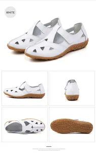 Detailed multi-angle views of white genuine leather hollow-out nursing shoes for women