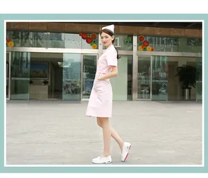 Professional white air cushion leather nurse shoes with wedge heel worn by model outdoors