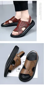 Detailed view of men's genuine leather sandals with anti-slip rubber soles and sport design.