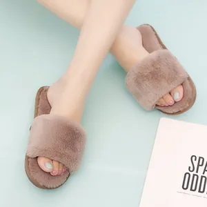 Cozy and warm faux fur open-toe slippers for indoor home comfort in a mauve brown finish