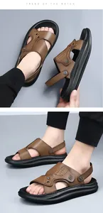 Detail view of premium brown top-grain leather men's sandals with non-slip thick sole
