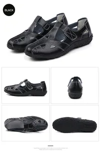 Detailed views of black hollow-out leather sandals with white contrast stitching