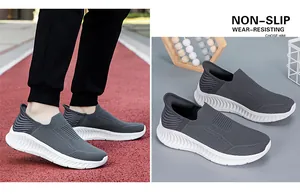 Grey fly-knit slip-on walking shoes with non-slip white soles for men and women