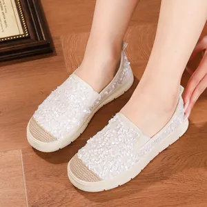 Alpargatas elegantes de lentejuelas blancas para mujer, mocasines cómodos sin cordones