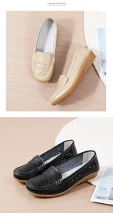 Nahaufnahme von durchbrochenen Leder-Loafers mit weicher Keilsohle in Beige und Schwarz