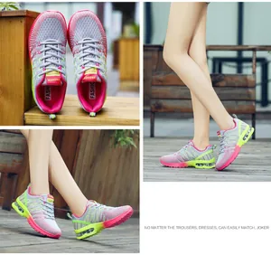 Detail view of grey and pink women's knit running shoes with EVA sole for casual wear