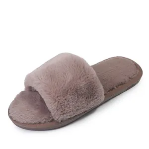 Cozy faux fur open toe indoor slippers for women in a warm taupe color on white