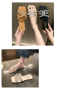Detailed view of elegant rhinestone embellished square toe flat slippers in three colors