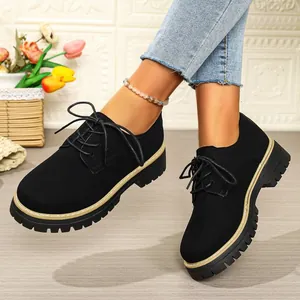 Women's stylish black lace-up platform oxford shoes with round toe and medium chunky heel