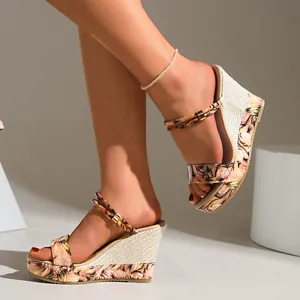 Side detail of women's floral print wedge sandals with double straps and straw heel