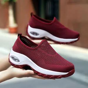 Breathable burgundy mesh rocker shoes for women with white air cushion platform soles