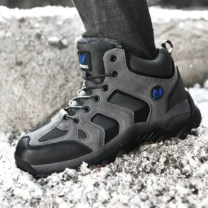 Men's winter outdoor hiking boots with warm fleece lining in grey and black design