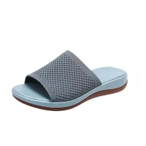 Comfortable light blue fly-woven slip-on flat slide sandals for women