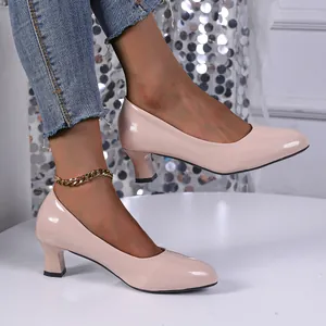Elegant French style beige patent leather pumps with comfortable chunky heels for women