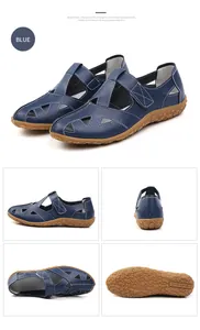 Detailed views of women's blue hollowed leather casual sandals with skid-resistant sole