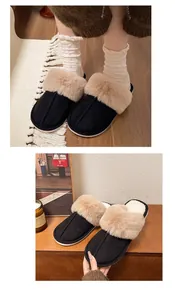 Close-up detail of black faux suede slippers featuring fluffy tan fur and thick soles.