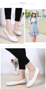 Multiple views of comfortable white cowhide loafers with soft soles on an Asian model